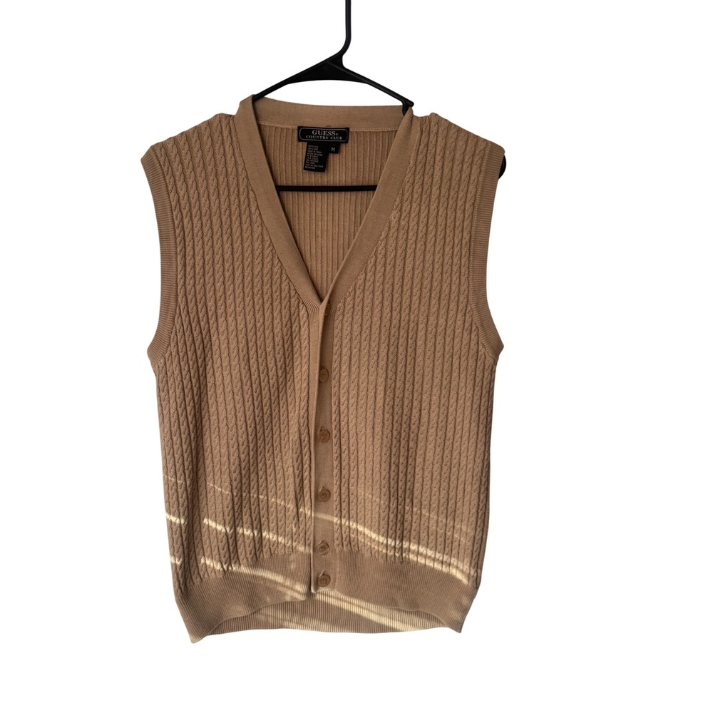 Guess Country Club Vintage Tan 100% Silk Cable Knit Button Front Sweater Vest M